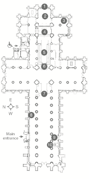 The Beverley Minster floor plan: a line drawing with ten numbered features marked.