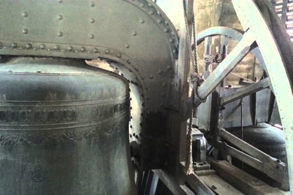 Great John, the Minster's seven-ton hour bell, up close in the bell chamber.