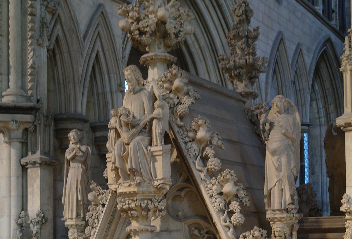 The Percy Canopy — fourteenth-century stone carving on the north side of the Sanctuary, a vision of paradise in stone.